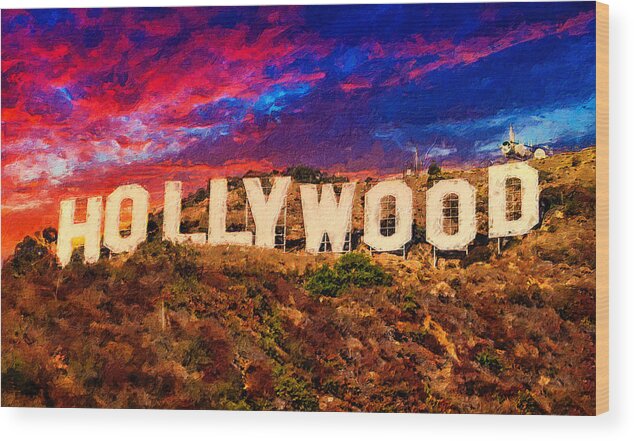 Hollywood Wood Print featuring the digital art Hollywood sign in the sunset light with a dramatic sky - digital painting by Nicko Prints