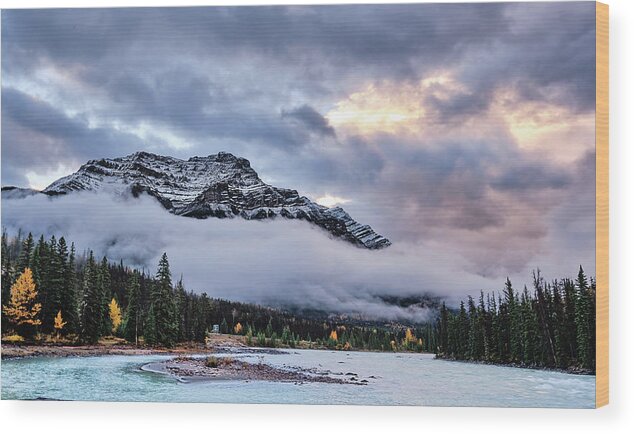 Cloud Wood Print featuring the photograph Jasper Mountain In The Clouds by Carl Marceau