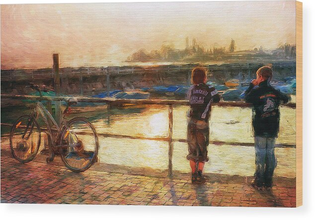 Sunset Wood Print featuring the mixed media Kids by Lake Constance at sunset by Tatiana Travelways