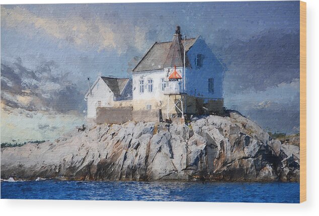 Lighthouse Wood Print featuring the digital art Saltholmen lighthouse by Geir Rosset