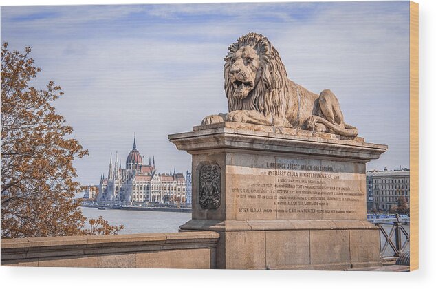 Architecture Wood Print featuring the digital art Lion of Budapest by Kevin McClish