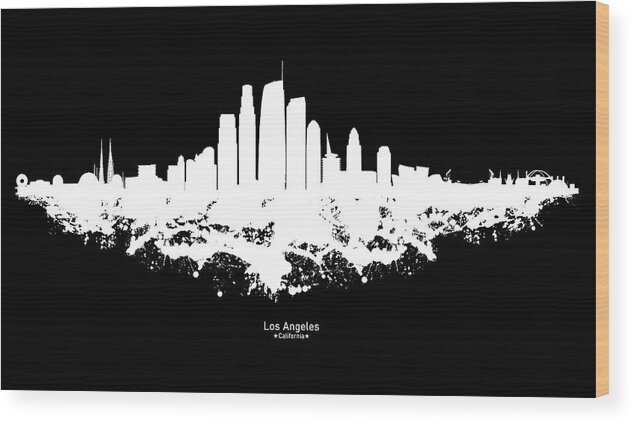 Los Angeles Wood Print featuring the digital art Los Angeles City Skyline Watercolor - White on Black Background with Caption by SP JE Art