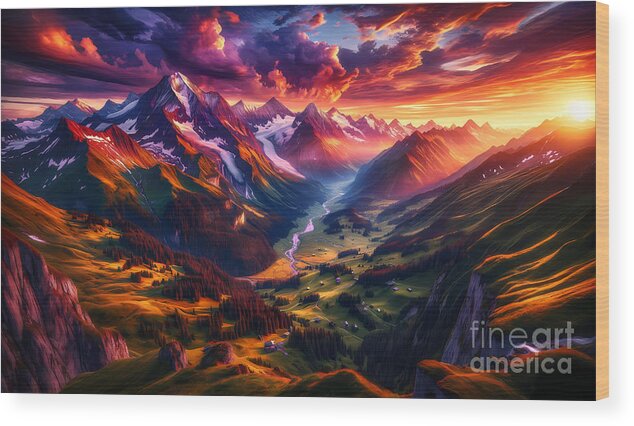 Mountains Wood Print featuring the digital art Majestic Mountain Landscape, A panoramic view of the Alps during sunset with vibrant colors by Jeff Creation