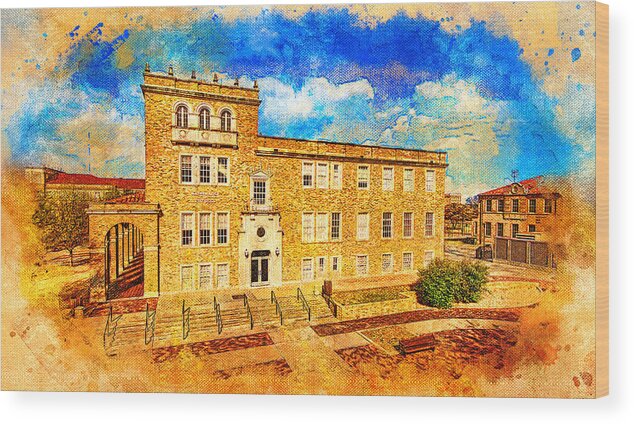 Mathematics And Statistics Building Wood Print featuring the digital art Mathematics and Statistics building of the Texas Tech University - digital painting by Nicko Prints