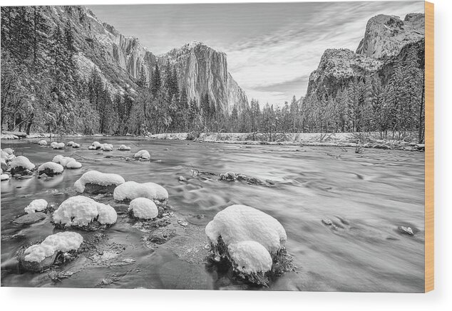 Black & White Wood Print featuring the photograph Merced River Yosemite by Rudy Wilms