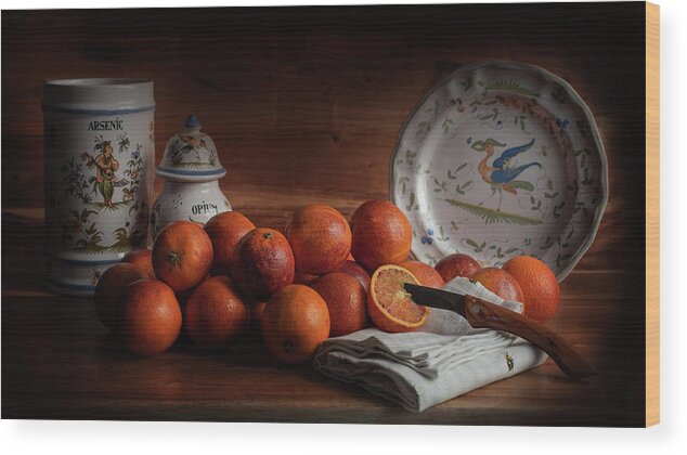 Old Master Wood Print featuring the photograph Old Maestra Blood Oranges and French Faience Pottery by Jean Gill