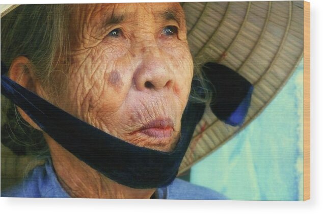 Hat Wood Print featuring the photograph Old Vietnamese lady with the conical hat by Robert Bociaga