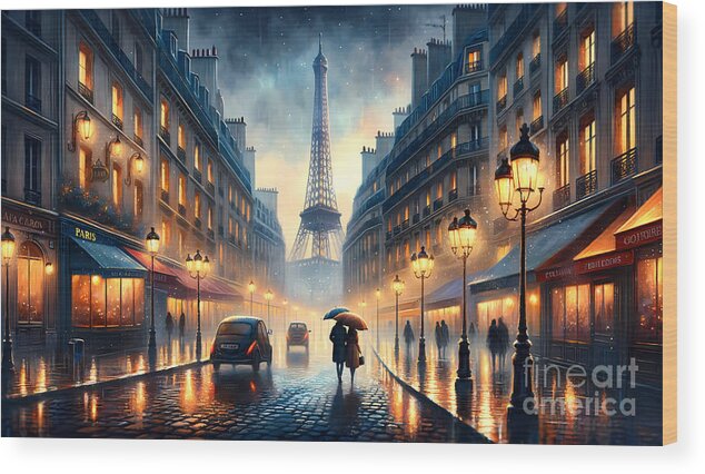 Paris Wood Print featuring the digital art Parisian Streets in Rain, A romantic rainy scene on the streets of Paris with the Eiffel Tower by Jeff Creation