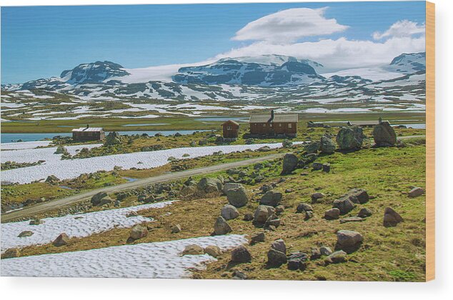 Blue Sky Wood Print featuring the photograph Remote Norwegian Cabins in the Mountain Pass by Matthew DeGrushe