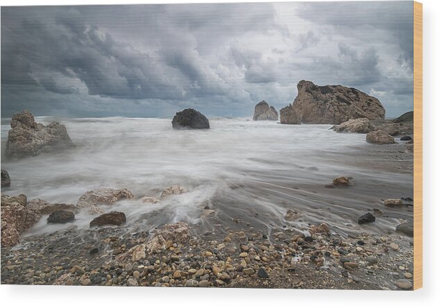 Seascape Wood Print featuring the photograph Seascape with windy waves during storm weather at the a rocky co by Michalakis Ppalis