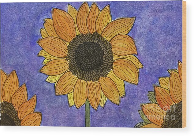 Sunflowers Wood Print featuring the mixed media Sunflowers on Blue by Lisa Neuman