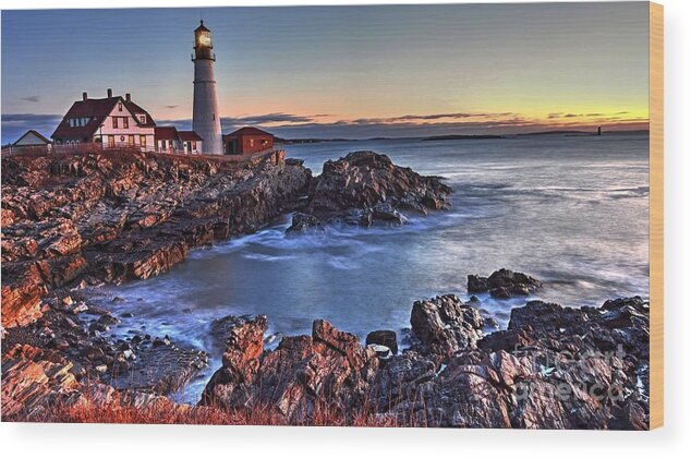Portland Head Light Wood Print featuring the photograph Sunrise at the Lighthouse by Steve Brown