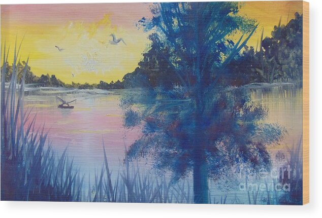 Fisherman Wood Print featuring the painting Sunrise on the Lake by Saundra Johnson
