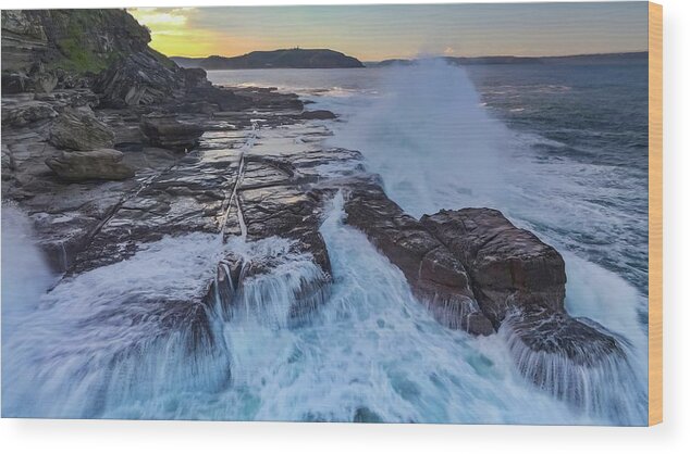 Beach; Sea; Blue; Beautiful; Nature Background; Seascape; Water; Landscape; Rocks; Cliffs; Rock Pool; Tourism; Travel; Summer; Holidays; Sea; Surf; Palm Beach Wood Print featuring the photograph Sunset Near Palm Beach No 5 by Andre Petrov