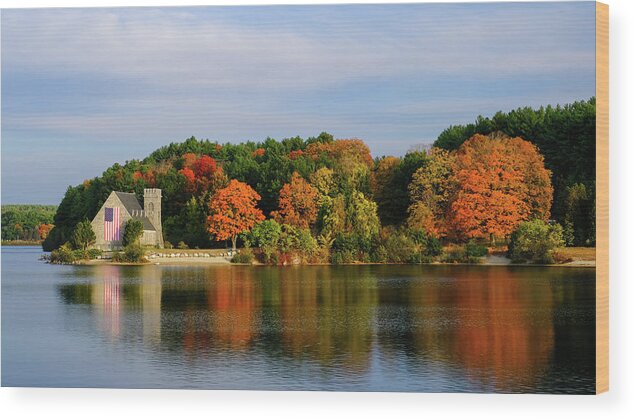 The Old Stone Church In West Bolyston Wood Print featuring the photograph The Old Stone Church and Colorful Fall Foliage in West Bolyston, Massachusetts by Robert Bellomy