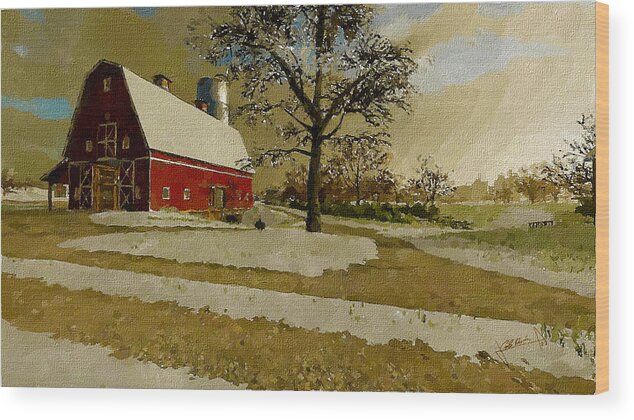 Winter Wood Print featuring the painting The Red Barn by Charlie Roman