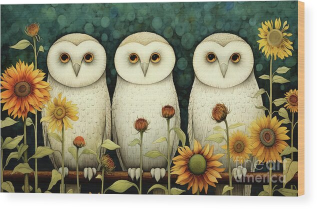 Owl Wood Print featuring the painting Three Wise Owls by Tina LeCour