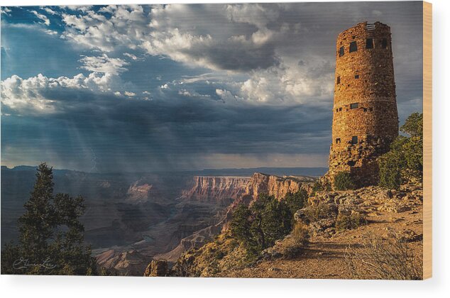 Grand Canyon Desert-view Thunderstorm Monsoon Rain Stone Tower Desert Fstop101 Wood Print featuring the photograph Thunderstorm at Grand Canyon's Desert View by Geno Lee