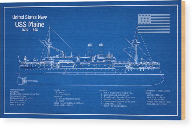 Uss Maine Wood Print featuring the digital art USS Maine ACR-1 battleship cruiser plans - AD by SP JE Art