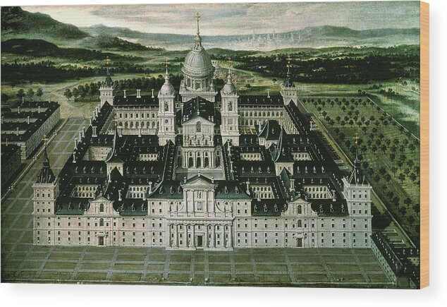 17th Century Wood Print featuring the painting 'View of the Royal Site of San Lorenzo de El Escorial', 17th century, Oil on canvas, 77 x 91 cm. by Escuela Espanola