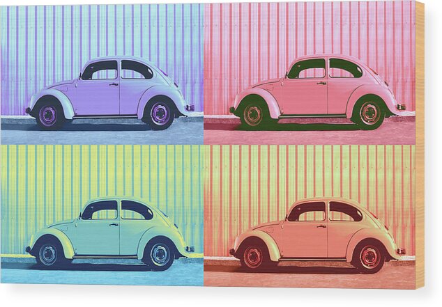 Car Wood Print featuring the photograph VW Beetle Pop Art Quad by Laura Fasulo