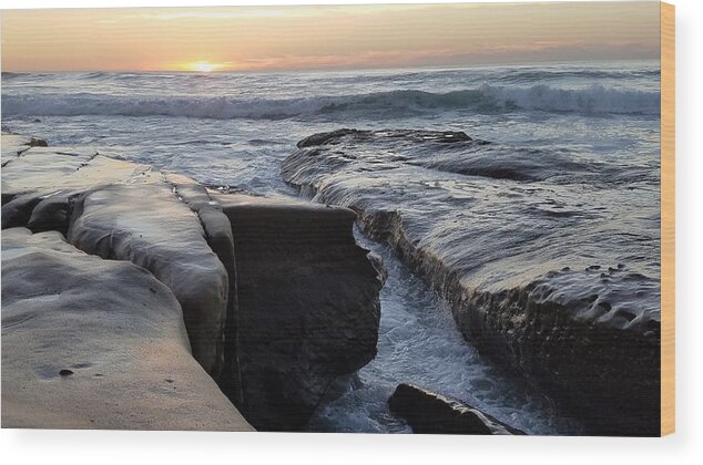 Tranquility Wood Print featuring the photograph Waves on rocks at sunset by Shabnam Mozafari / FOAP