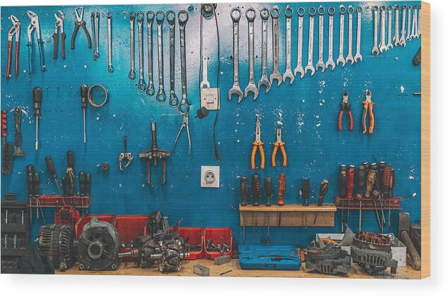 Working Wood Print featuring the photograph Wrenches set in the workshop by Obradovic