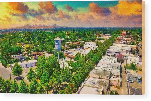Yuba City Wood Print featuring the digital art Yuba City and the water tower, California - digital painting by Nicko Prints