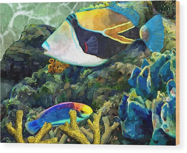 Hawaiian Fish Wood Print featuring the painting Humuhumu And a Wrasse by Stephen Jorgensen