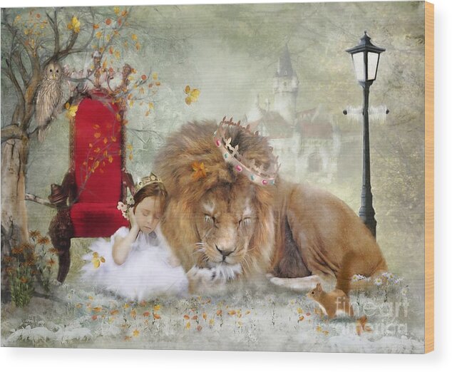 Lion Wood Print featuring the digital art ..... And She Sleeps by Trudi Simmonds