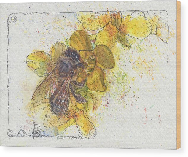 Bees Wood Print featuring the painting Bee and Brassica blossom by Petra Rau