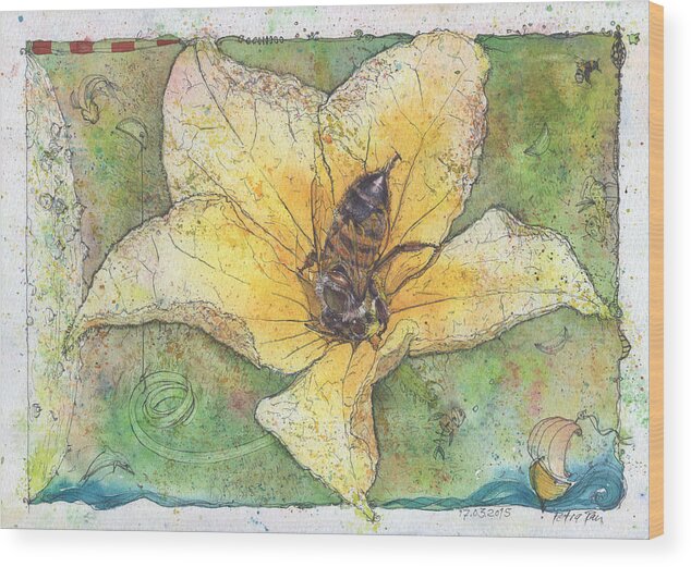 Bees Wood Print featuring the painting Bee and Cucumber-Flower by Petra Rau