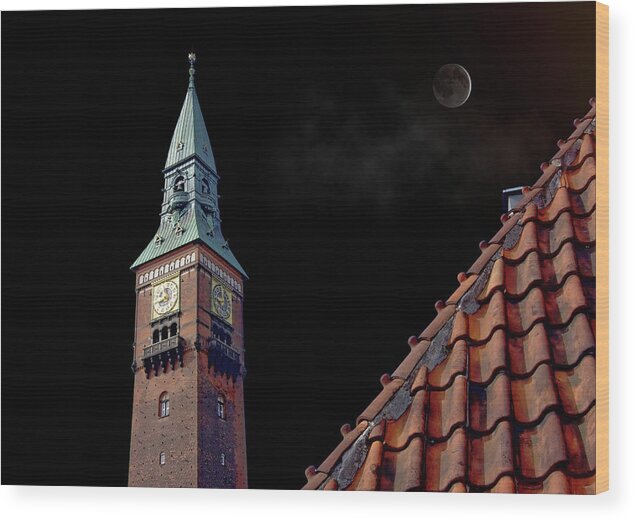 City Wood Print featuring the photograph Copenhagen City Hall Tower And Roof by Aleksandrs Drozdovs