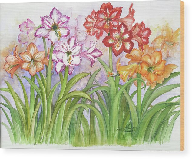 Flowers Wood Print featuring the painting Amaryllis Garden by Lois Mountz