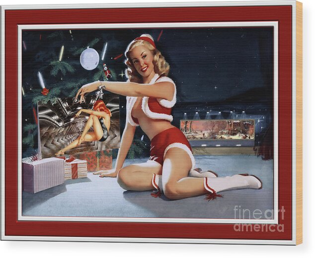 Christmas Pinup Wood Print featuring the painting Christmas Pinup by Bill Medcalf Art Old Masters Xzendor7 Reproductions by Rolando Burbon