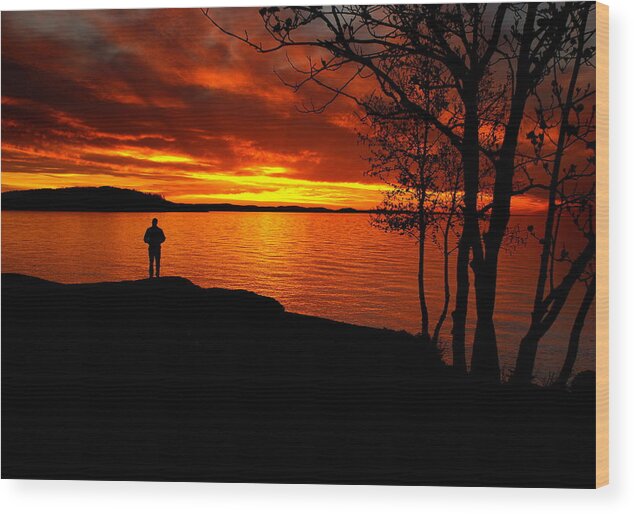 Lake Superior Wood Print featuring the photograph Solitude at Sunset by Deb Beausoleil