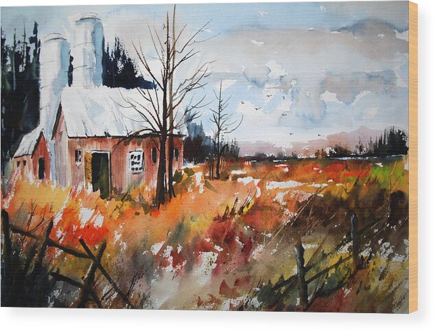 Fall Colours Open Fields Autumn Farms Landscapes Rustic Scenes Wood Print featuring the painting September Song Two #1 by Wilfred McOstrich