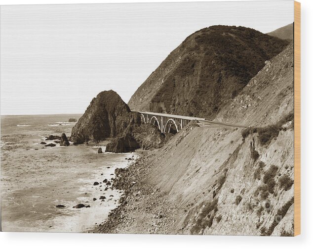 Big Creek Wood Print featuring the photograph Big Creek Bridge double arched concrete bridge on Highway 1. About 40 miles South of Monterey 1935 by Monterey County Historical Society