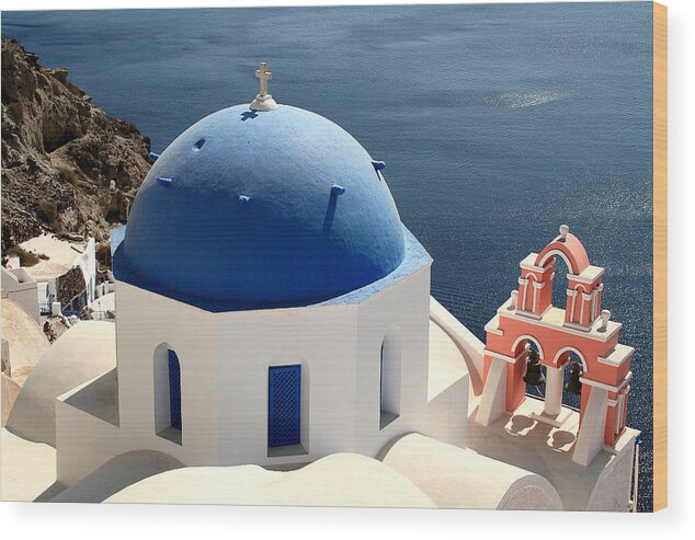 Church Wood Print featuring the photograph Santorini, Greece - Blue-domed Church by Richard Krebs