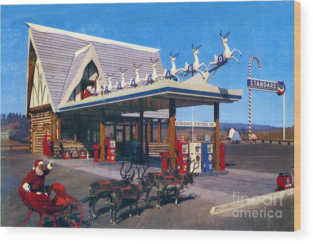 Chevron Gas Station Wood Print featuring the photograph Chevron gas station at Santa's Village with reindeer and Carl Hansen by Monterey County Historical Society