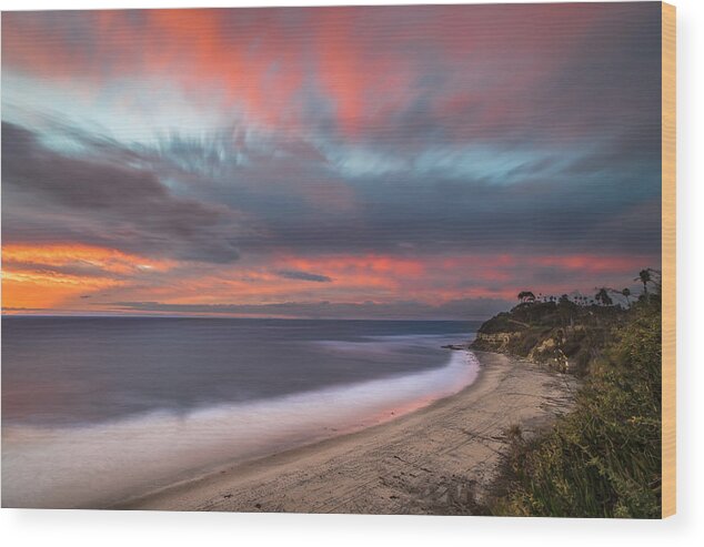 California; Long Exposure; Ocean; Reflection; San Diego; Seascape; Sky; Sunset; Surf; Sun; Clouds; Waves Wood Print featuring the photograph Colorful Swamis Sunset by Larry Marshall