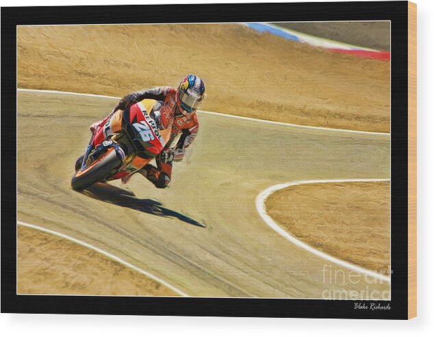 Dani Pedrosa Wood Print featuring the photograph Dani Pedrosa Running Out Of Road by Blake Richards