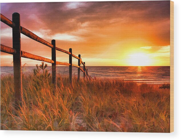 Door County Wood Print featuring the painting Door County Europe Bay Fence Sunrise by Christopher Arndt