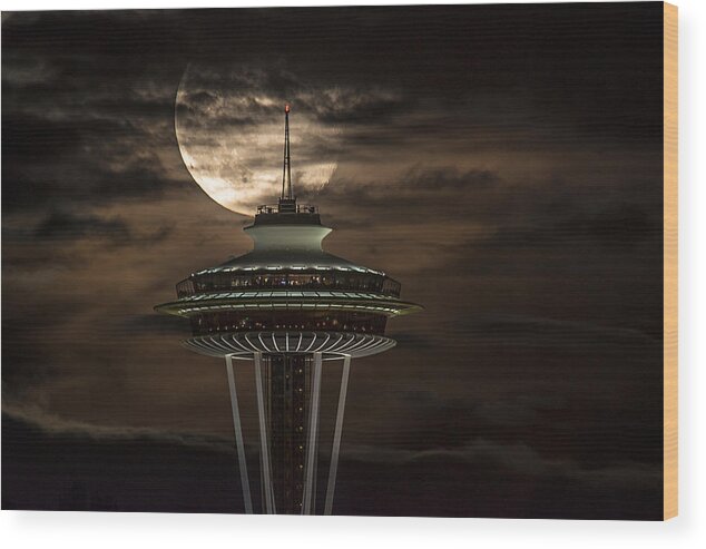 Full Moon Wood Print featuring the photograph Full Moon and Space Needle by Yoshiki Nakamura