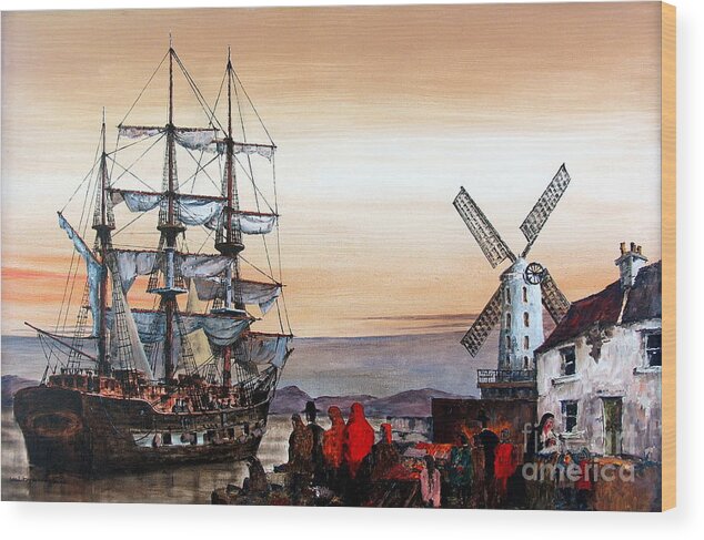 Val Byrne Wood Print featuring the painting Jeanie Johnston Famine Ship by Val Byrne