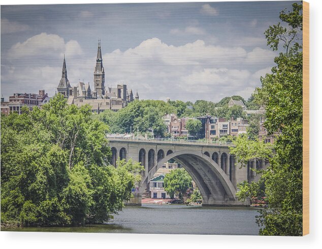 Bradley Clay Wood Print featuring the photograph Key bridge and Georgetown University by Bradley Clay