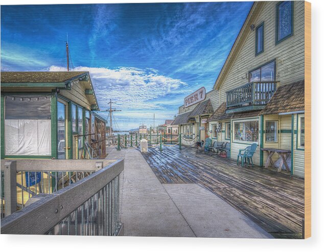 Sky Wood Print featuring the photograph La Conner Pier 7 by Spencer McDonald