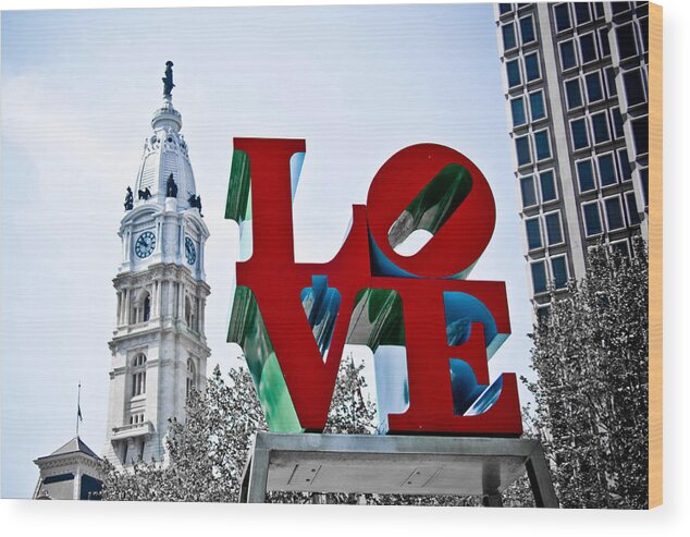 Love Park Wood Print featuring the photograph Love Park and City Hall by Stacey Granger