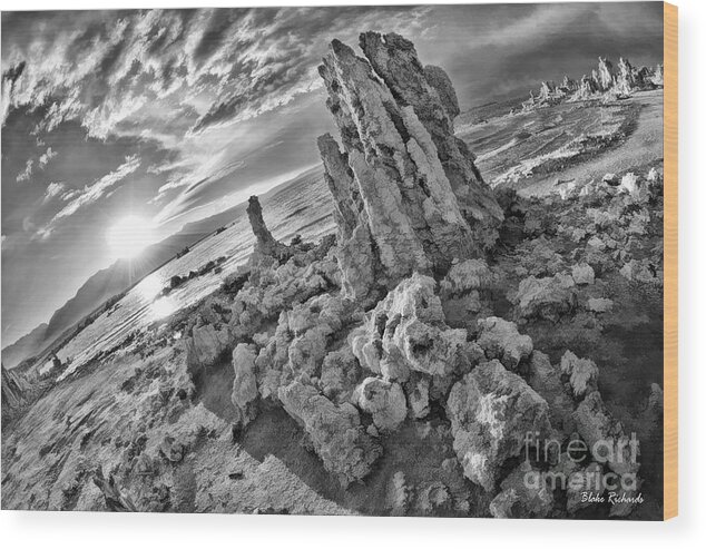 Mono Lake Wood Print featuring the photograph Mono Lake Tufa Sun Set Black And White by Blake Richards