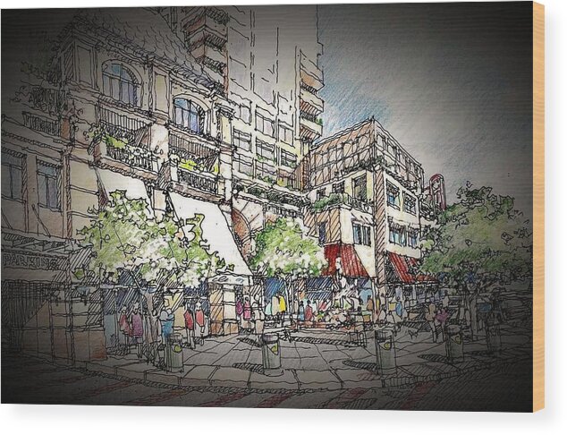 Architecture Mixed Use Wood Print featuring the painting Plaza 2 by Andrew Drozdowicz